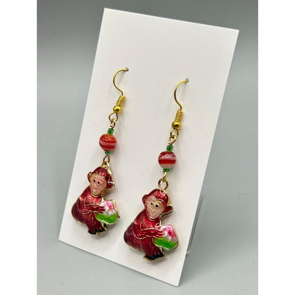 Vintage Enamel Monkey Dangle Earrings Double Sided with Bead Accents - Picture 3 of 5
